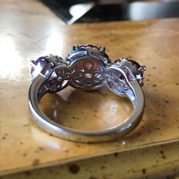 Natural Pink Fluorite Sterling Silver Trilogy Ring Size 8.75 - Picture 4 of 8